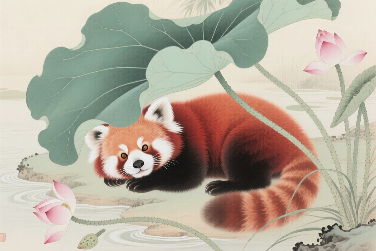 A red panda resting in the shade of a lotus leaf