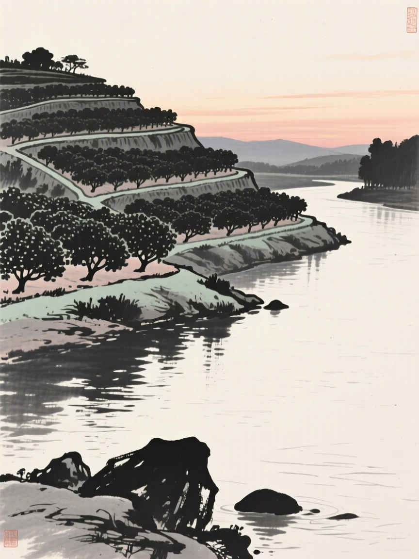 A stepped hillside orchard overlooking a quiet river bend with the last light of dusk catching the water's surface, framed low, with the foreground rocks leading the eye toward the distance, conveying calm reflection and gentle isolation.