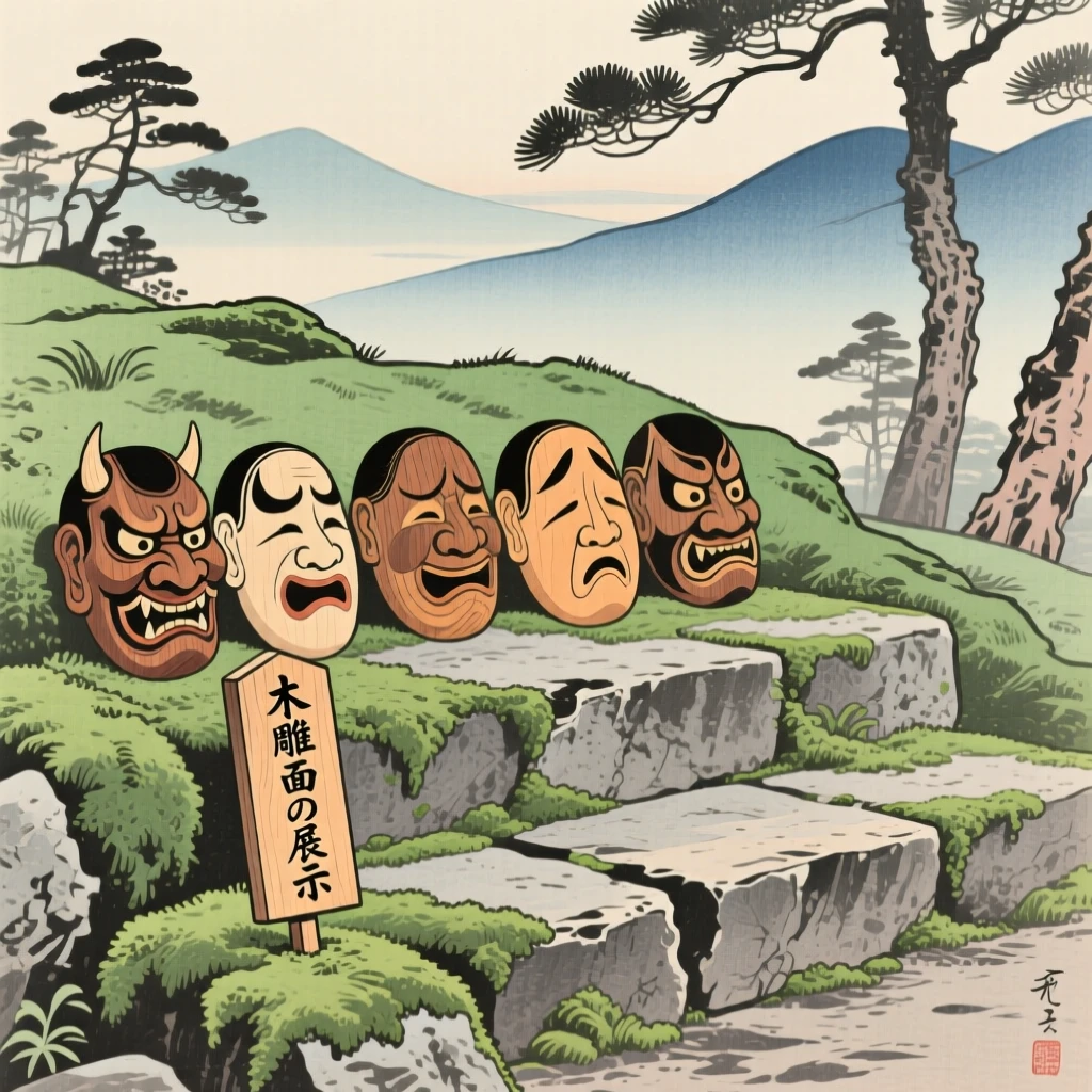 A wall of hand-carved wooden masks resting on a moss-covered stone step.
