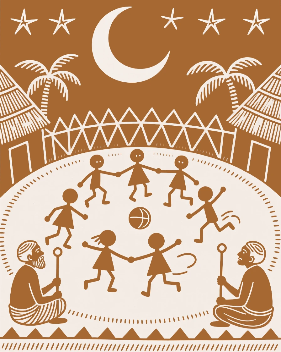 A composition centered on a moonlit courtyard ringed by children playing and elders watching.