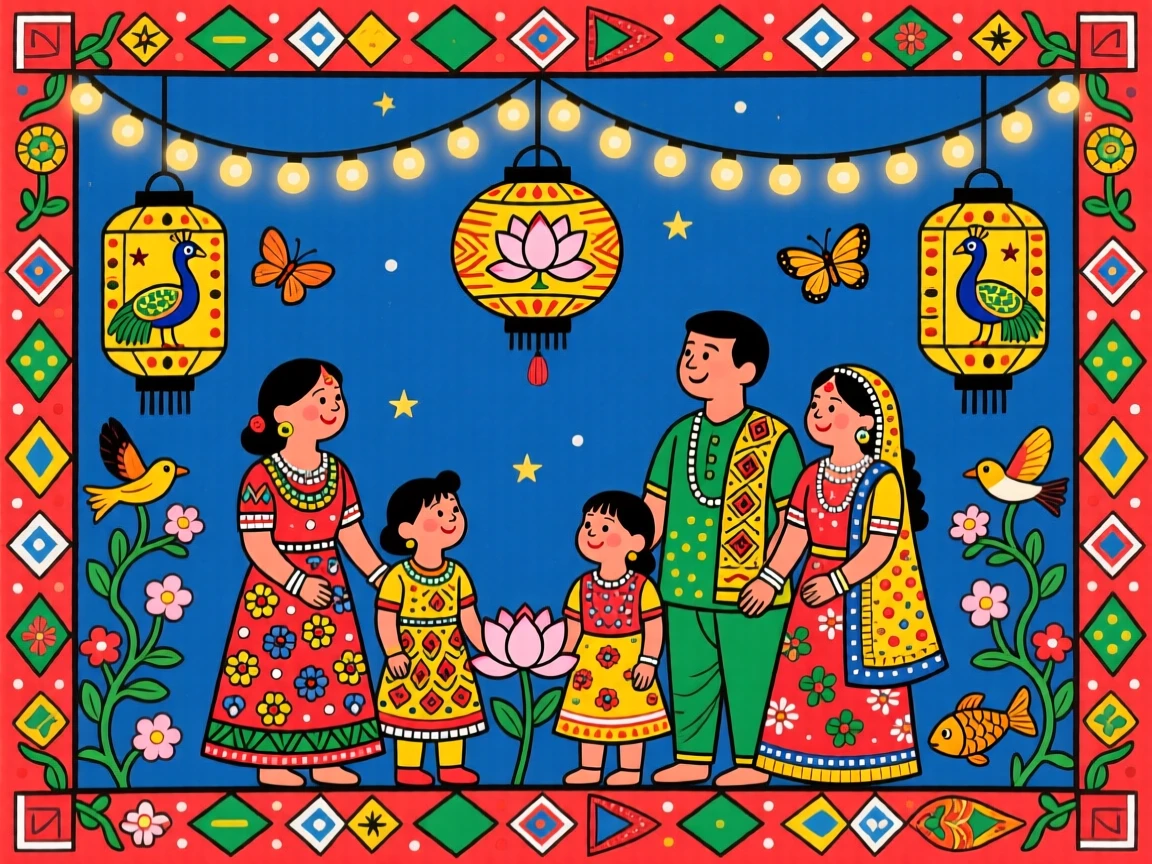 A family reunion beneath a canopy of string lights and lanterns.