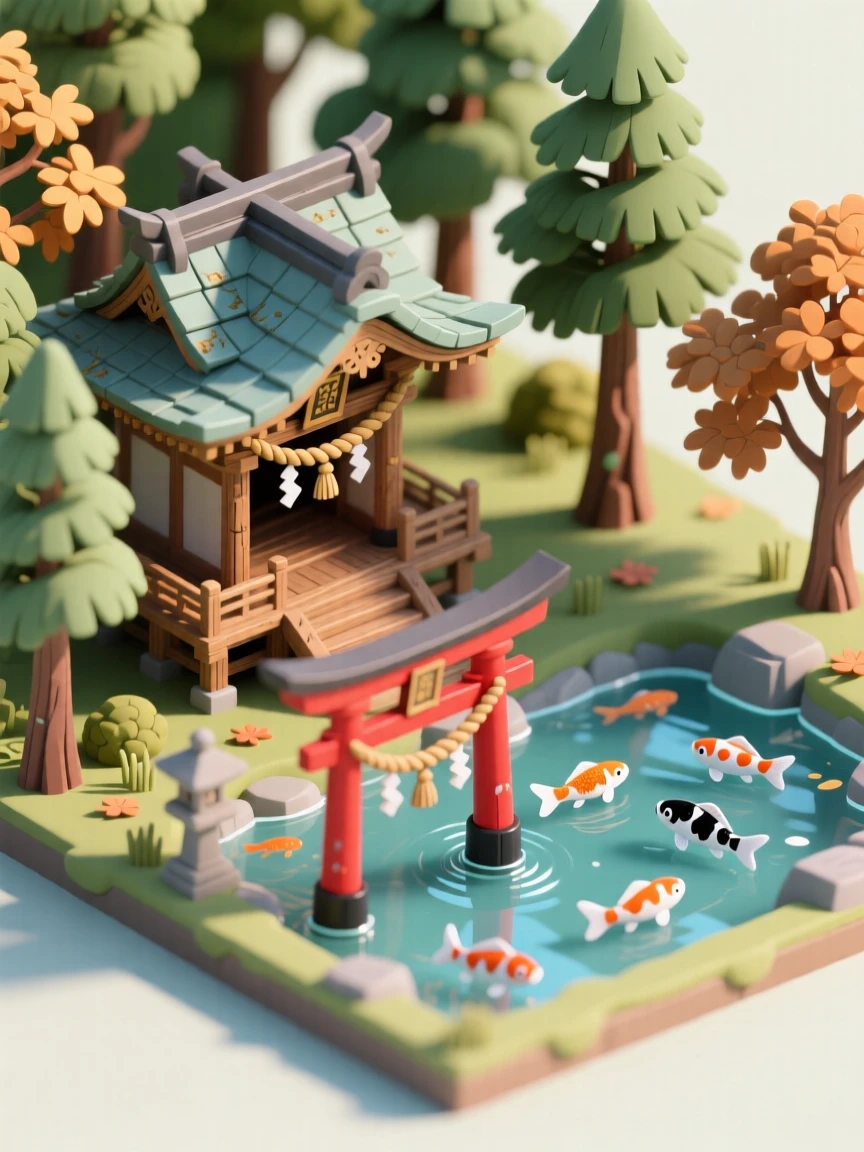 An ancient Japanese Shinto shrine nestled in a forest, a torii gate marking the entrance, and koi swimming in a nearby pond.