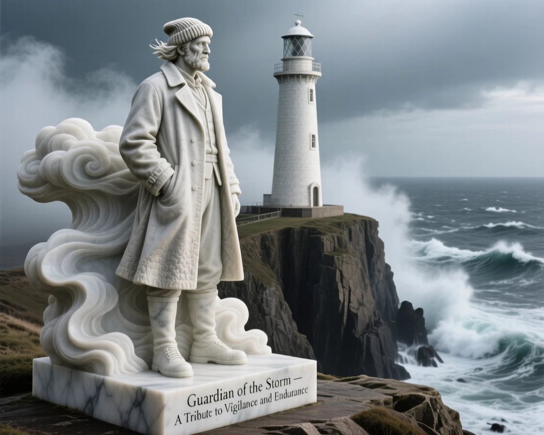 An evocative depiction of a lighthouse keeper watching over a stormy sea, amid swirling clouds and mist, balancing detail with emotional depth