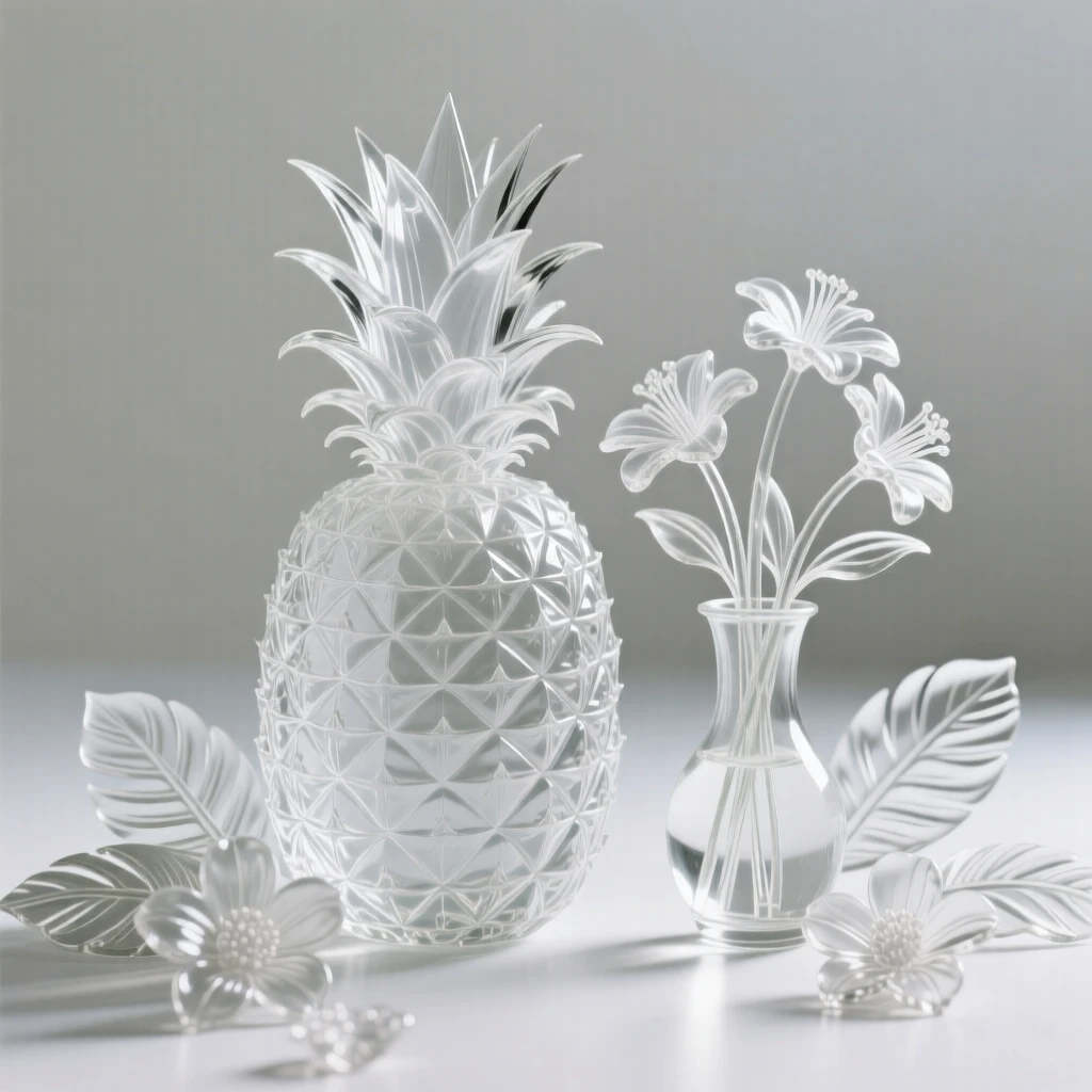 Beside a small vase of freshly cut flowers, a pineapple surrounded by a scattering of tropical flowers
