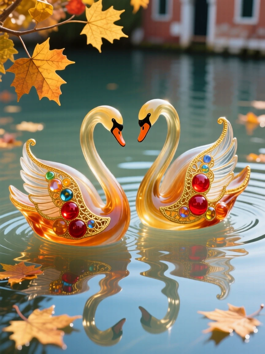 A pair of swans gliding through drifting golden autumn leaves on the stillest water, tender and seasonal.