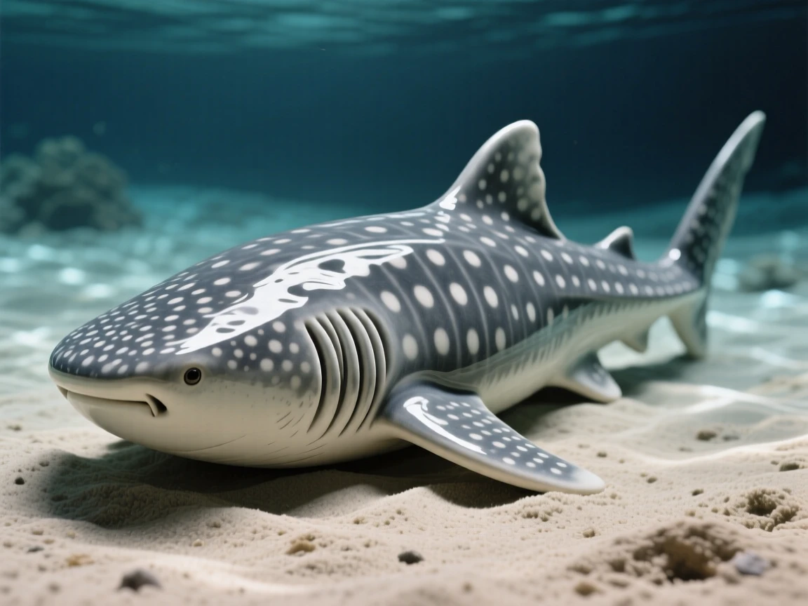 A whale shark gliding gently through open water resting peacefully on the ocean floor, its surface dappled with shifting light patterns, conveying calm, fluid tranquility.
