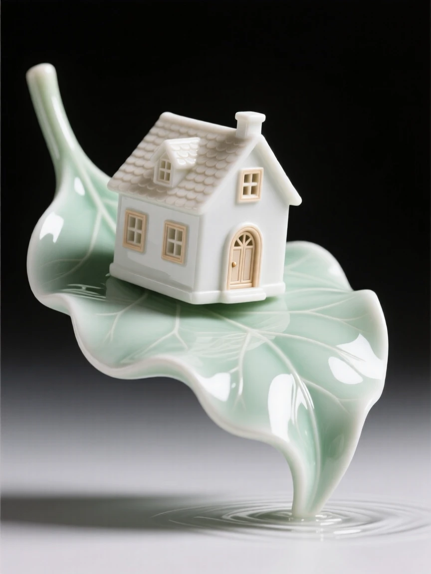 A surreal composition where a single leaf carries a tiny house downstream, suspended in a moment of serene stillness.