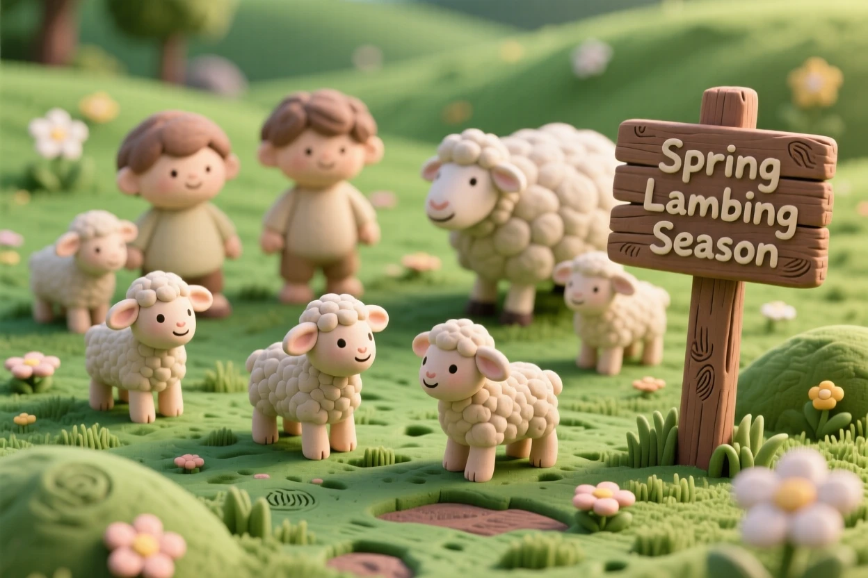 A springtime lambing season scene with newborn lambs in a green field