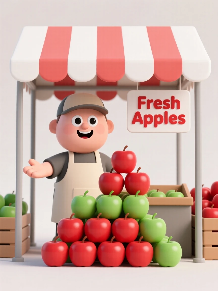 A cheerful farmers market apple vendor stacks a colorful pyramid of red and green apples beneath a striped awning.