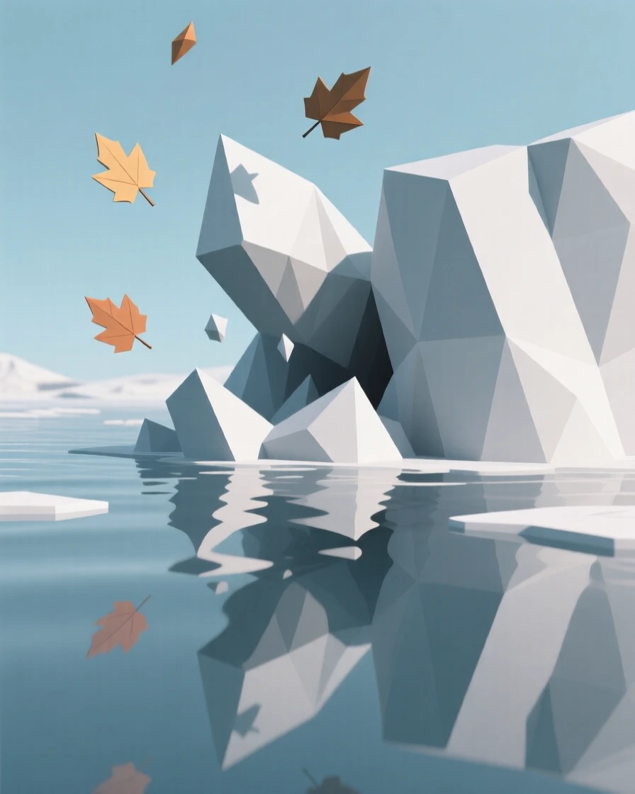 A glacier calving into icy blue water, as autumn leaves drift through the air. reflections in the water double the scene's beauty. A gentle warmth radiates through the scene.
