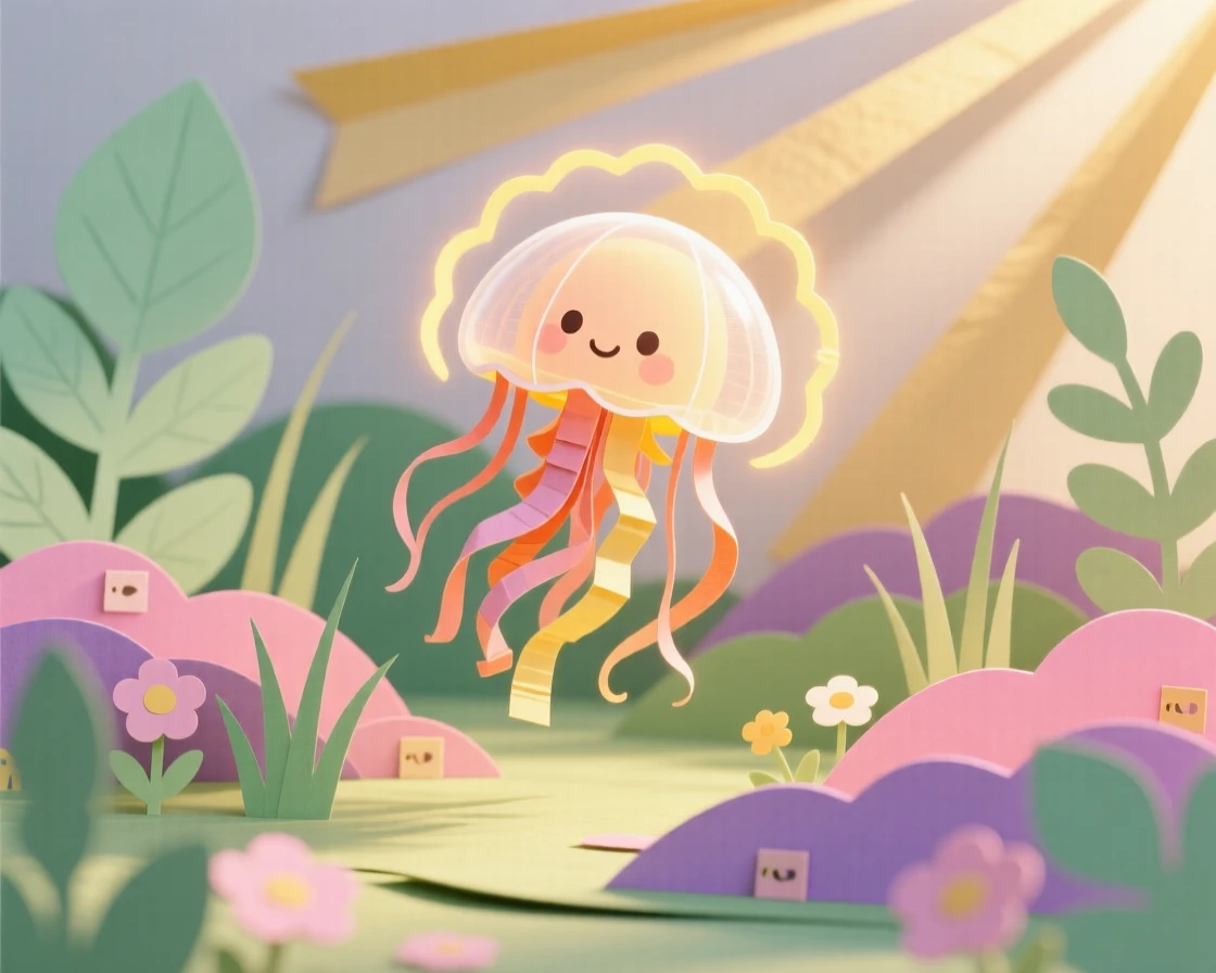 A glowing baby jellyfish bouncing through a sunlit garden, with a soft warm glow surrounding it, evoking whimsical charm and gentle humor.