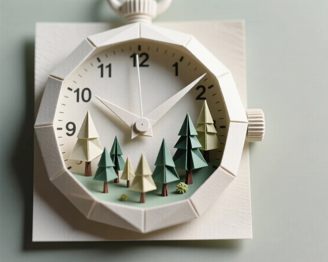 A pocket watch face showing a tiny forest growing where the numbers should be.