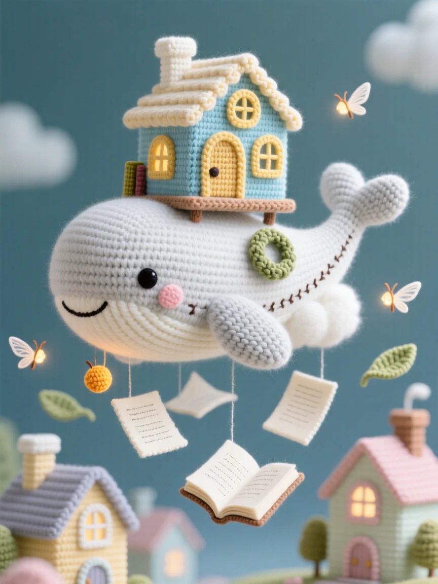 An imaginative scene of a small floating library carried by a gentle whale-shaped cloud with pages drifting softly below, gliding above a quiet sleepy town surrounded by softly glowing fireflies; a soft breeze carrying tiny leaves nearby, full of quiet delight in an impossible little world.