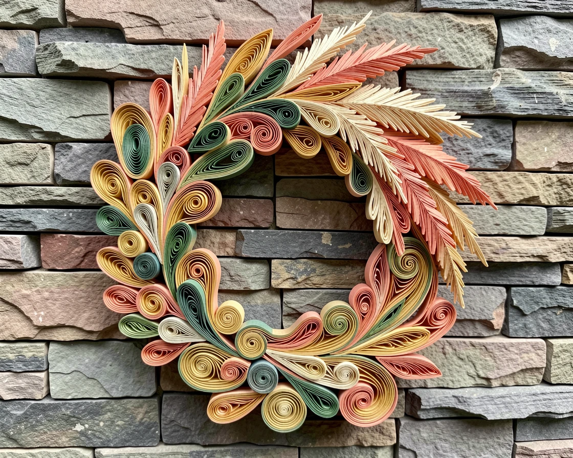 a wreath of eucalyptus and pampas grass, beside a weathered stone garden wall, layered from foreground to background for depth, in a rich gradient of coral, gold, and green.