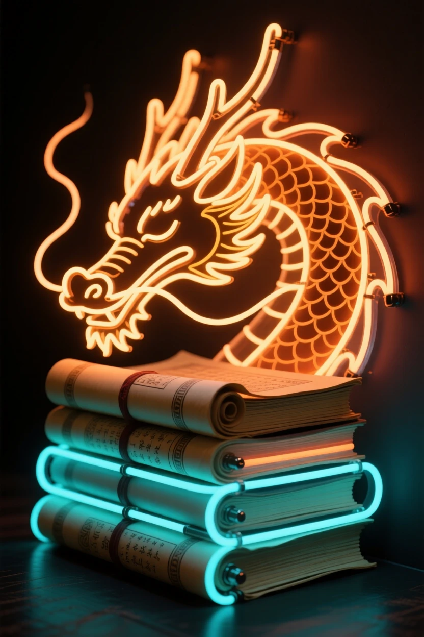 A dragon resting its head on a pile of ancient scrolls.