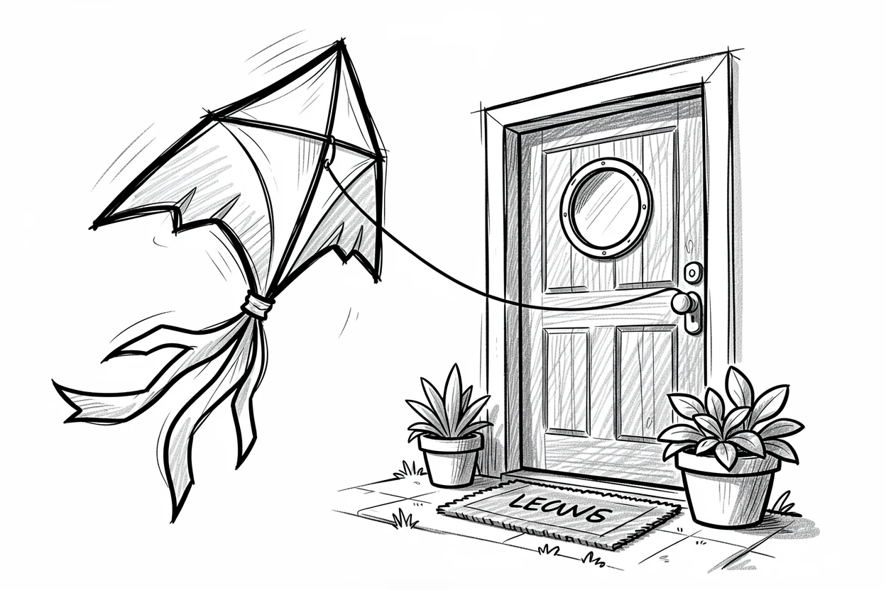 A kite tugging excitedly at its string in the wind beside a front door ready for adventure.