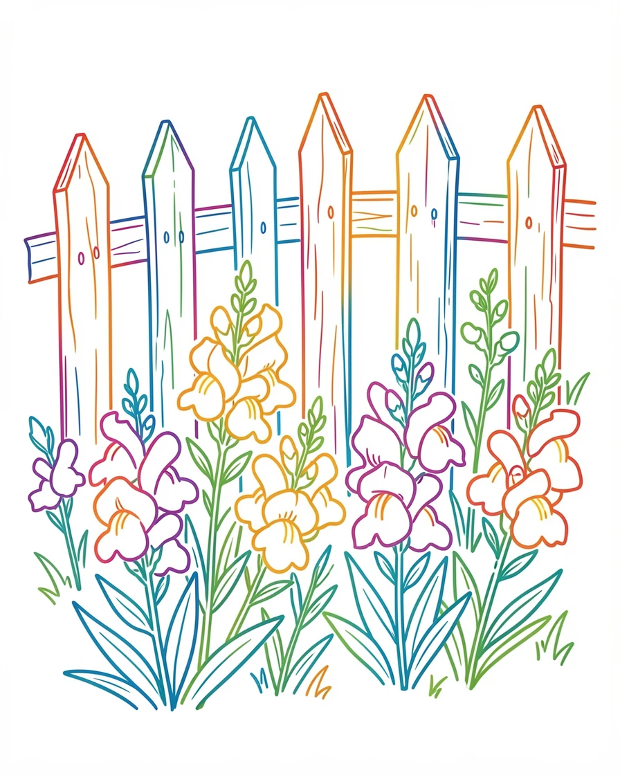 A field of wild snapdragons blooming beside a weathered picket fence.