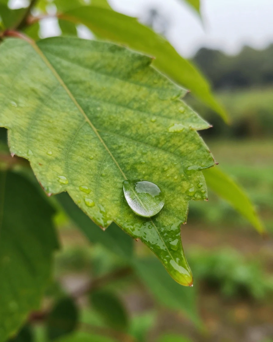 A raindrop suspended on the tip of a green leaf