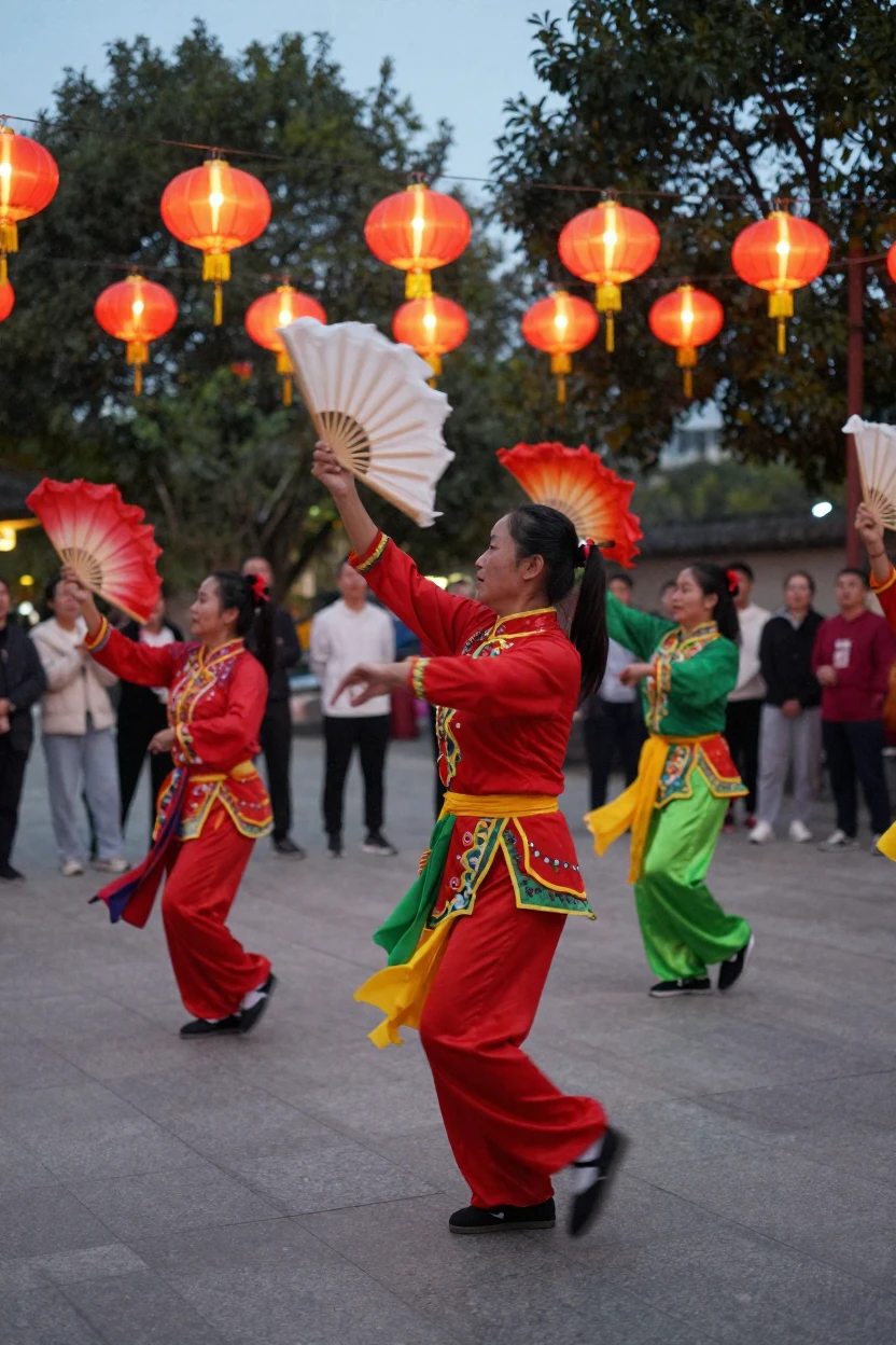 A group performs a traditional fan dance under strings of red lanterns.