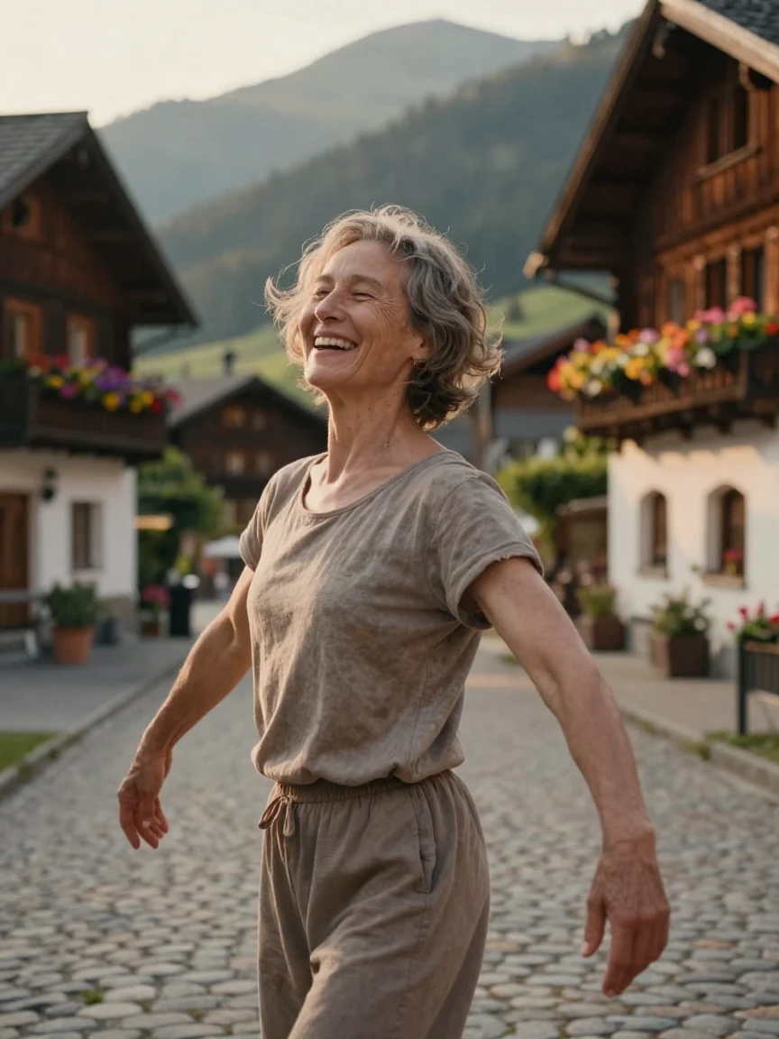 A middle-aged dancer laughing warmly with closed eyes in a quiet mountain village, a gentle smile crossing their face