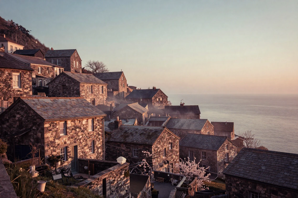 A charming stone village clinging to a hillside above the sea, in the pale light just before sunrise, as mist rises off the ground, in early spring, dominated by warm amber and rust tones, captured from a low angle looking up.