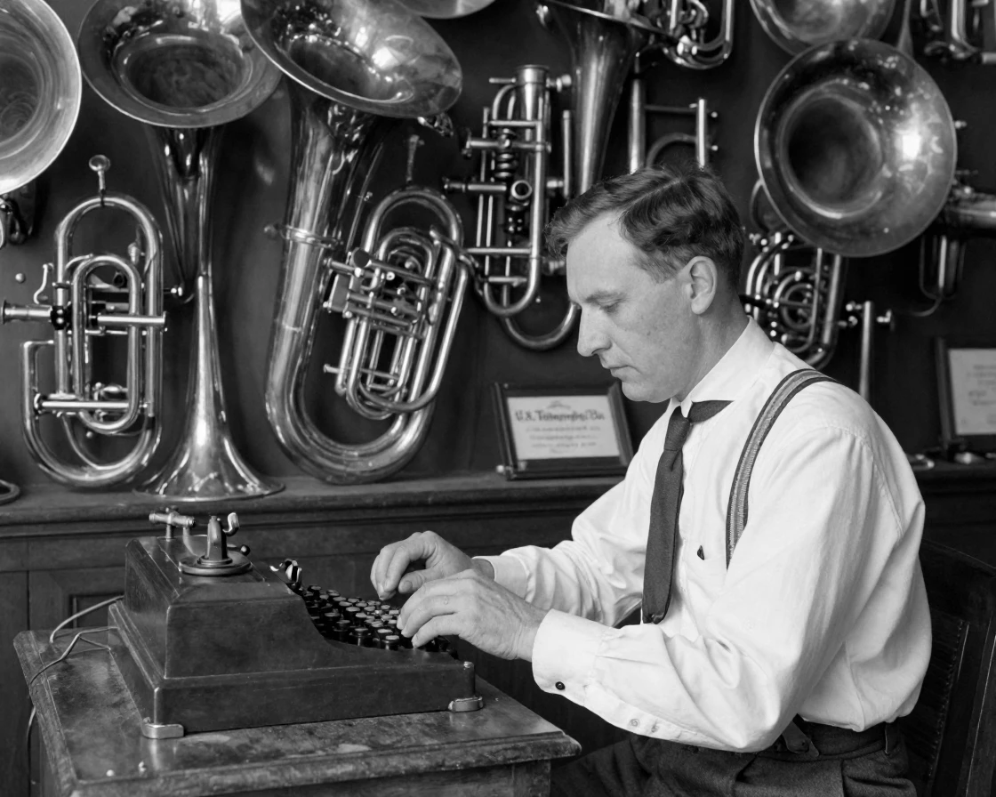 A telegraph operator taps out a message in Morse code beside a wall of brass instruments.