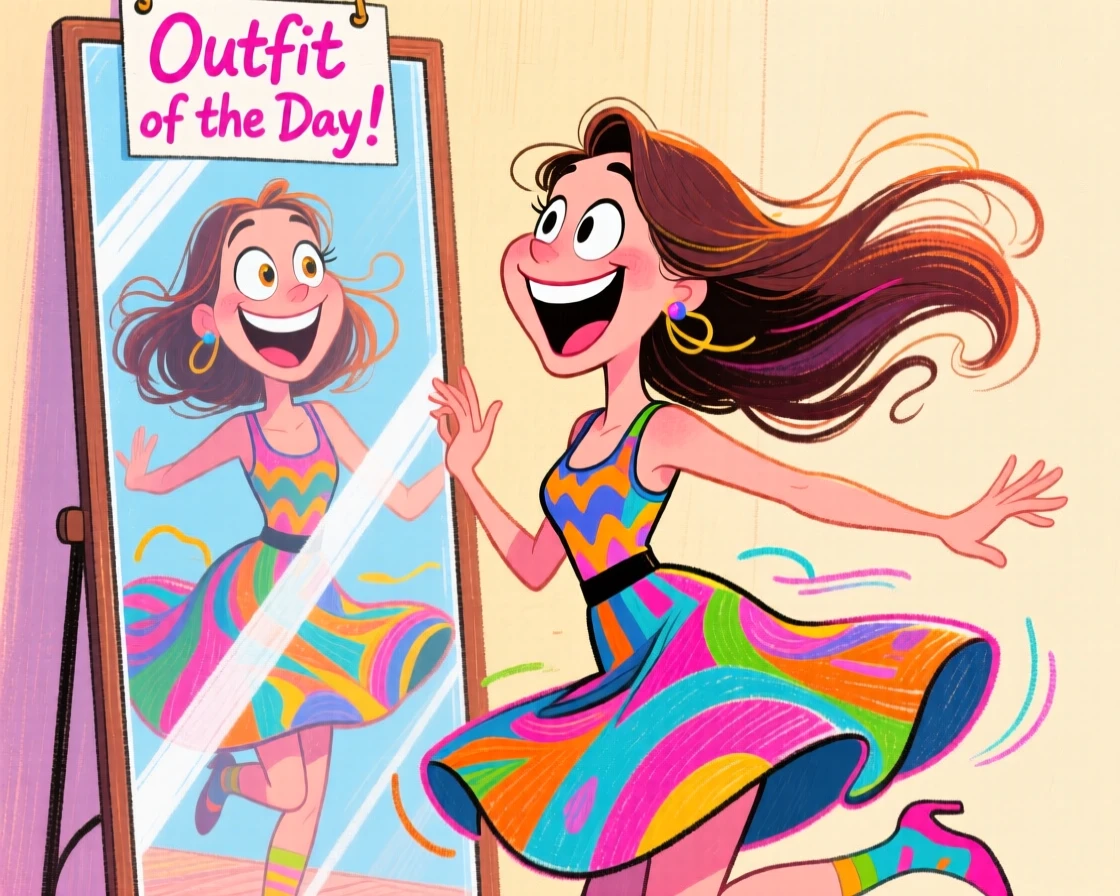 A woman doing an outfit-of-the-day twirl in front of a full-length mirror.