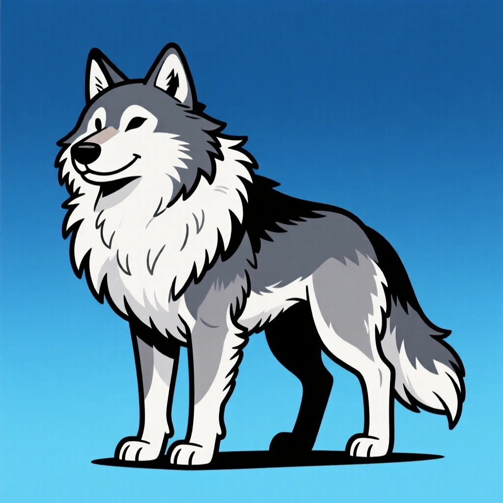 A charming animal moment featuring a majestic wolf puffing up proudly to look twice its size, with feathers or fur puffed out dramatically.