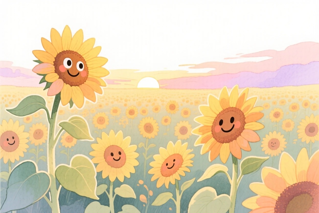 A serene landscape of a field of sunflowers turned toward the sun at golden sunset
