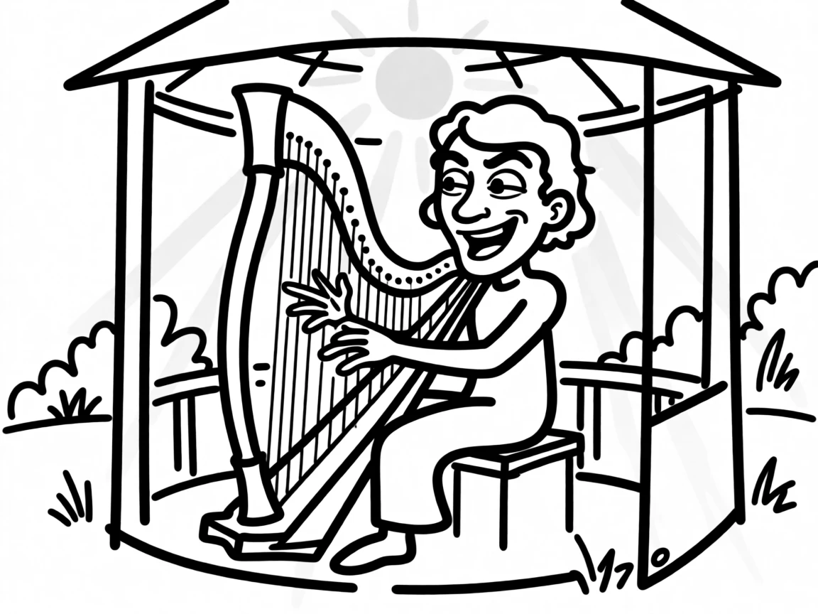 A harpist playing gracefully in a sunlit garden gazebo.