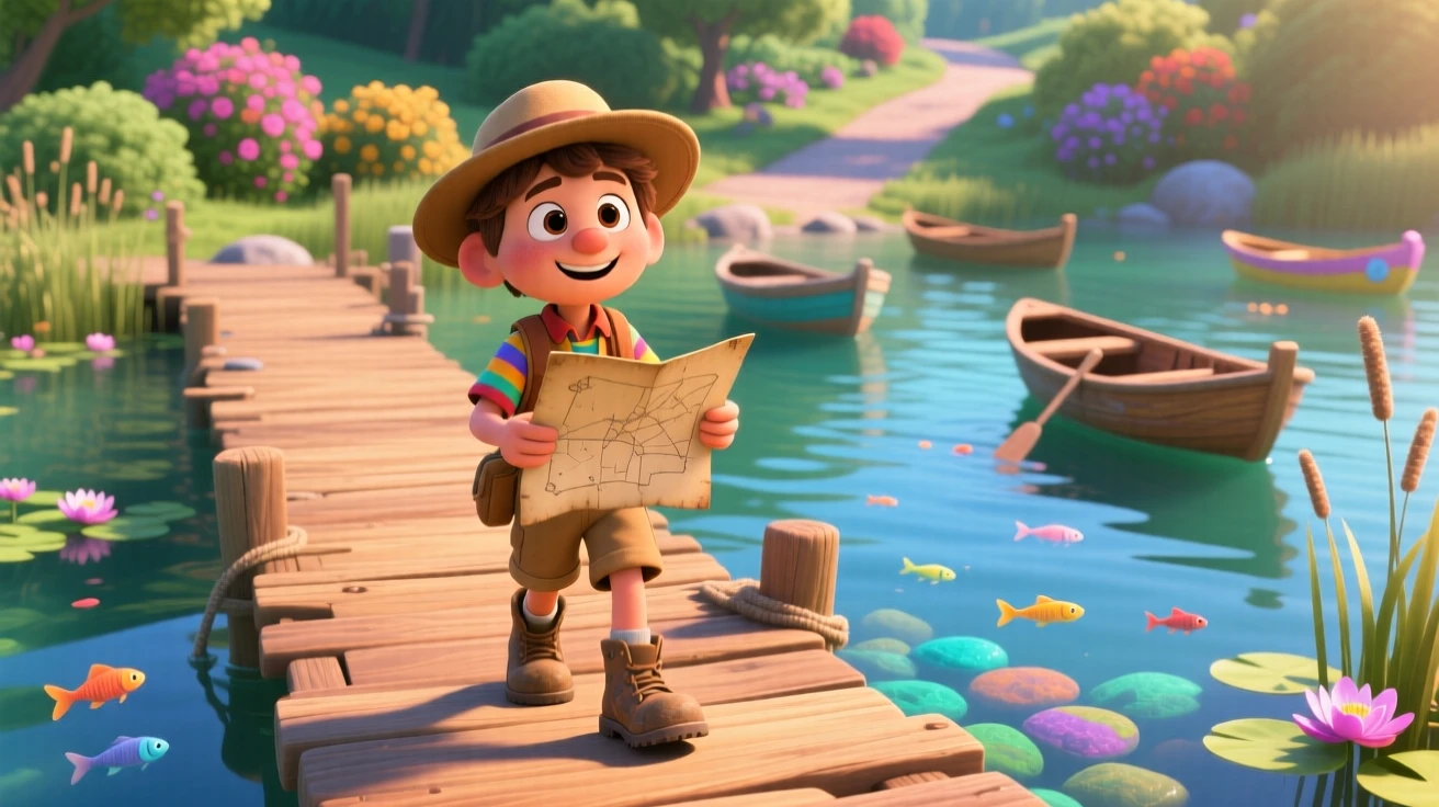 A young explorer with a map in hand stands on a wooden dock over crystal-clear water, walking slowly along the quiet path. The scene feels vast, calm, and full of possibility, with small boats bobbing in the distance.