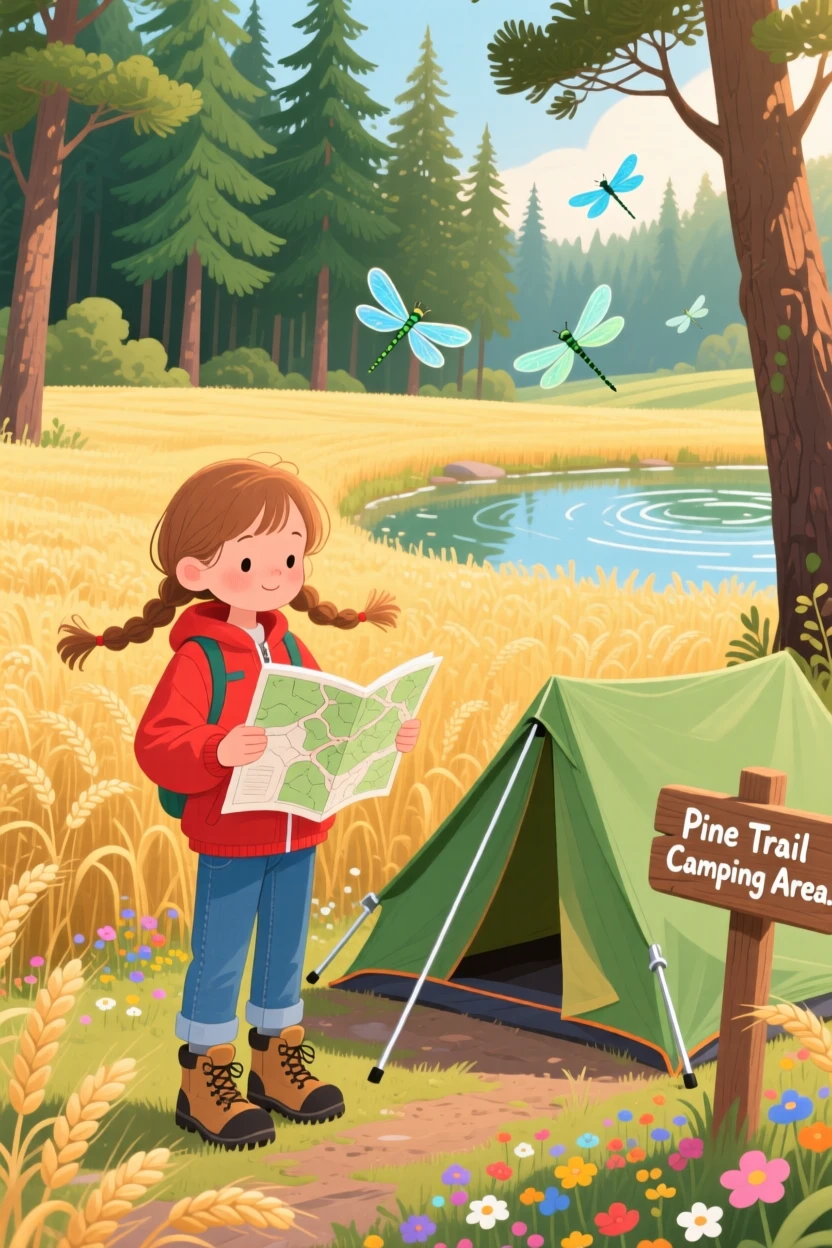 A girl following a trail map pauses while pitching a tent beneath tall pine trees in a golden wheat field, while dragonflies dart above the water.