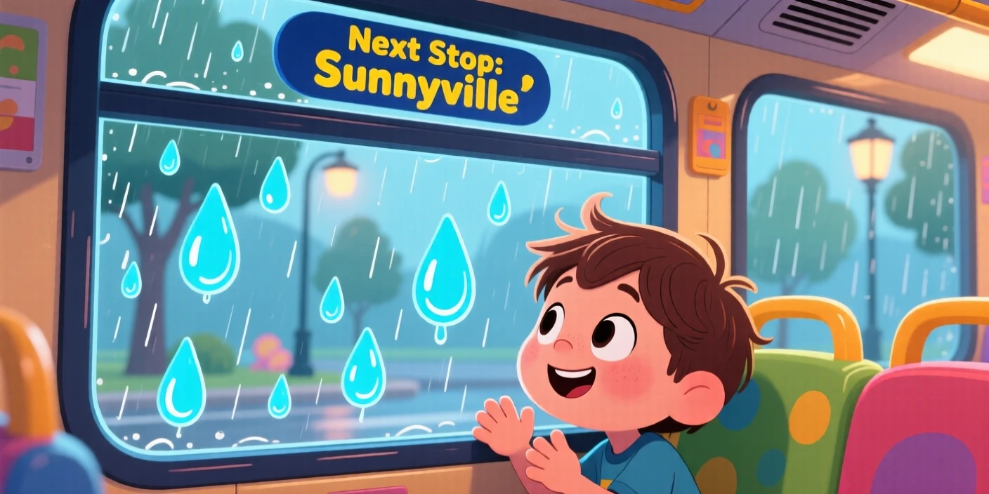 A child watching raindrops race down a bus window.