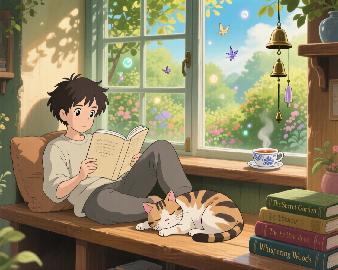 A young man reading a novel curled up on a window seat, a cat curled up nearby, half asleep, the whole scene feeling full of homely charm.