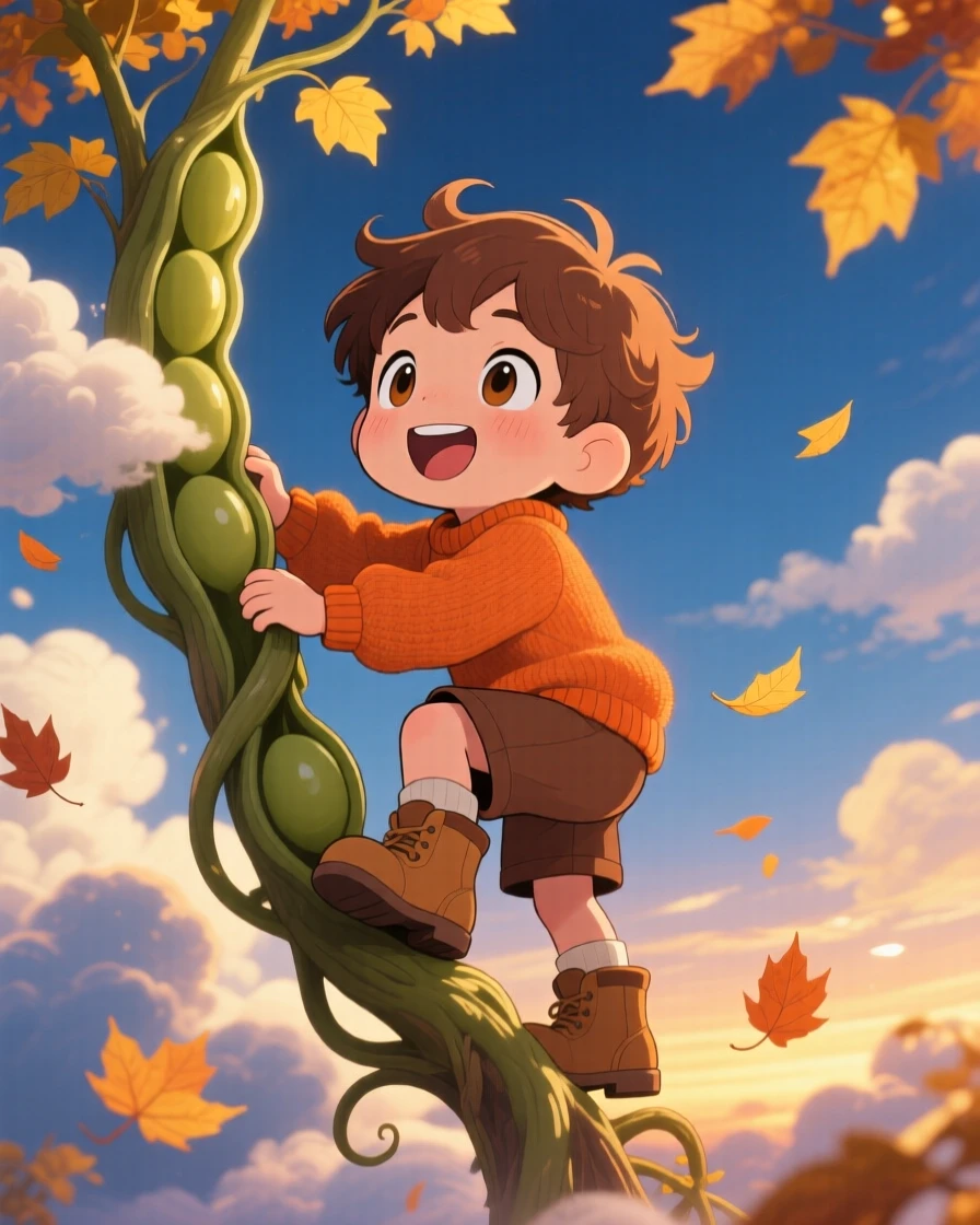 Close-up portrait: a small boy, climbing a giant beanstalk toward the clouds, set against a magical cloud-covered sky during golden autumn harvest season, with cool blue twilight glow and a mood of wide-eyed wonder.