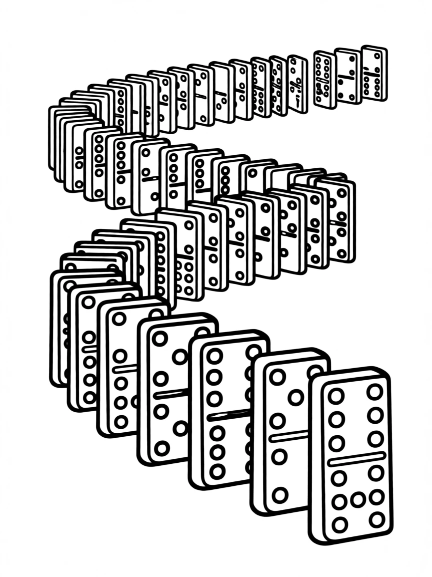 A set of dominoes lined up ready for a colorful chain reaction