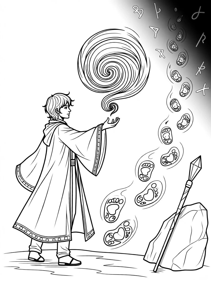 A wizard casting a spell with swirling energy, with a trail of glowing footprints leading into the dark.