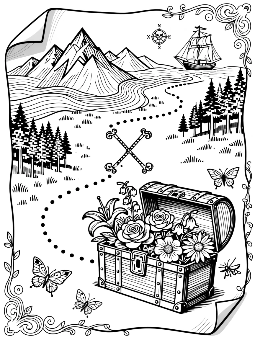 A vintage map with a dotted path leading to a treasure chest of flowers.