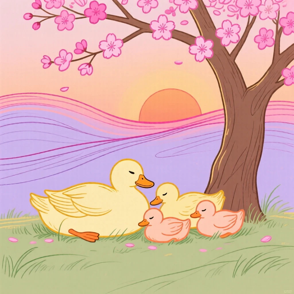 A family of ducks napping under a blossoming tree at sunset.