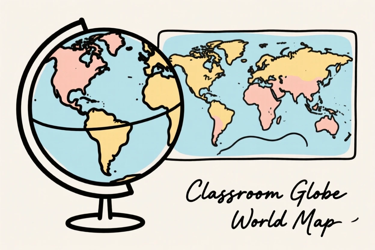 A classroom globe and world map