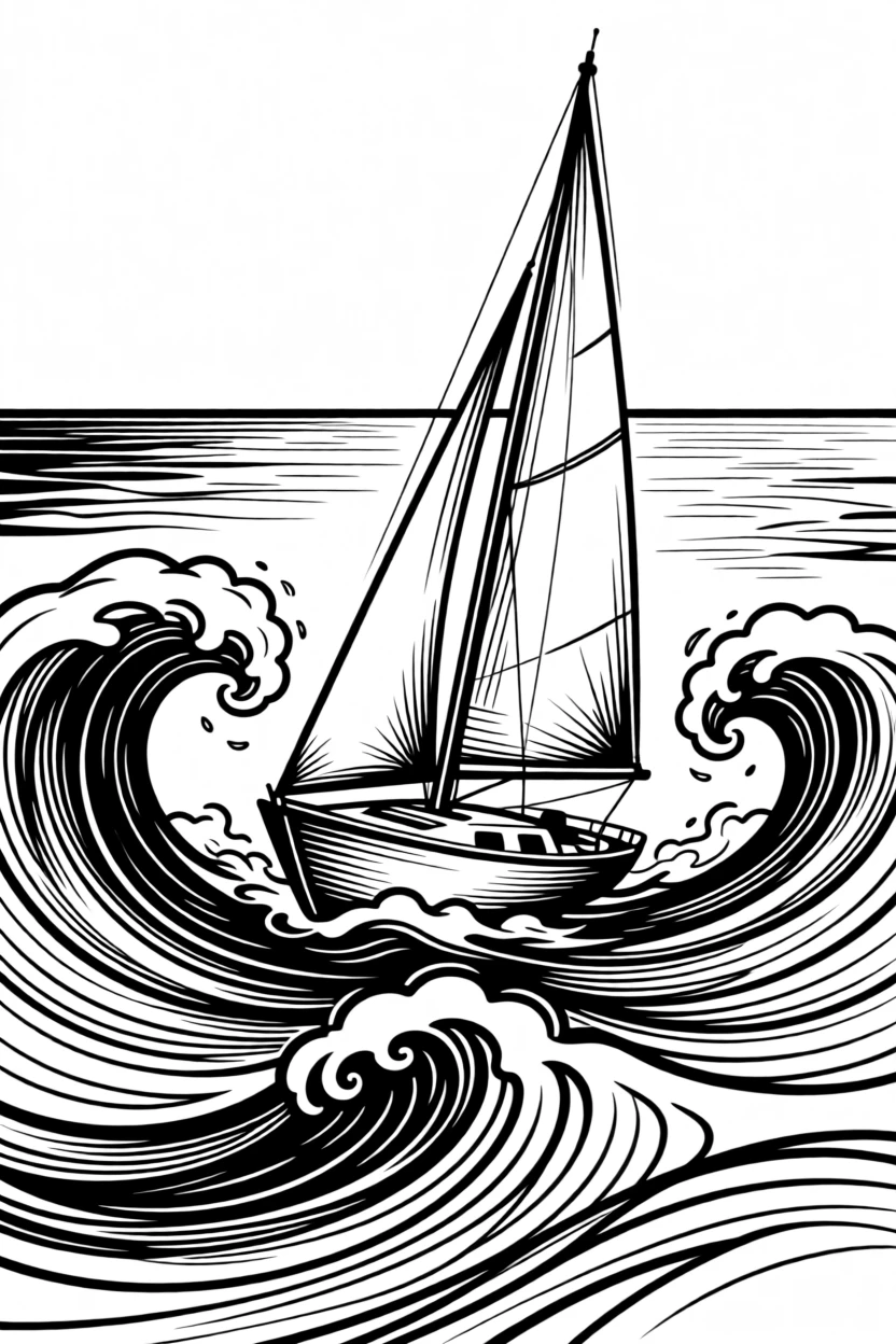 A single sailboat navigating calmly through a turbulent sea toward a clear horizon.