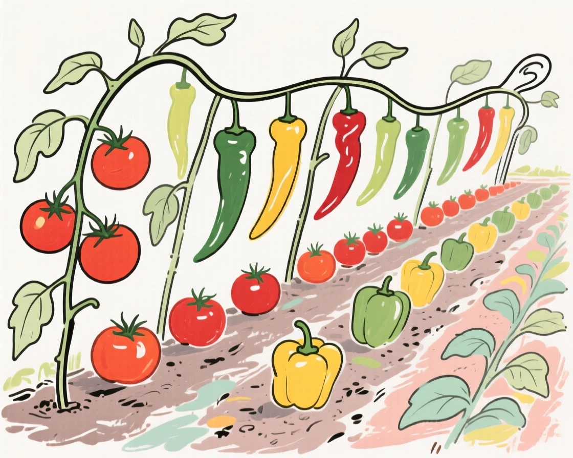 A vegetable garden bursting with rows of ripe tomatoes and peppers.