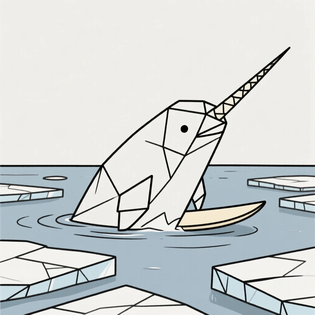 A narwhal surfacing through arctic sea ice