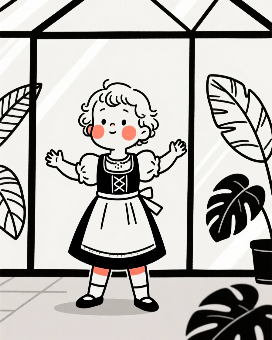 A wobbly toddler of Cuban heritage wearing a Bavarian dirndl, full of curious wonder, in a botanical garden greenhouse.