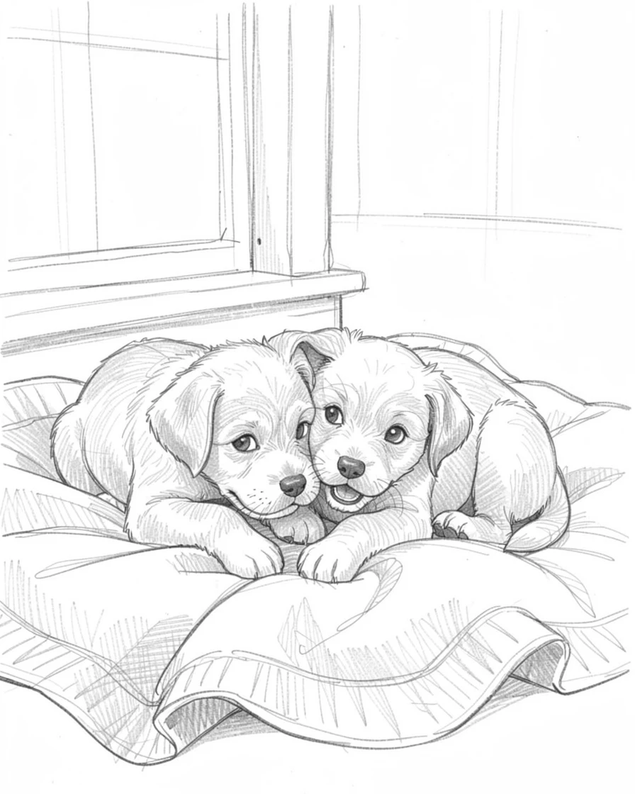 Two puppies sharing a single blanket, on a cozy blanket by a window, with a playful, mischievous expression.