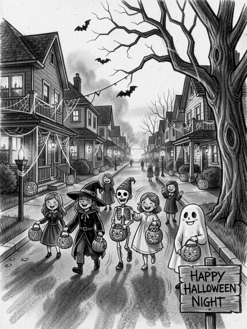 A Halloween trick-or-treat scene on a decorated suburban street, as laughter fills the air around them.