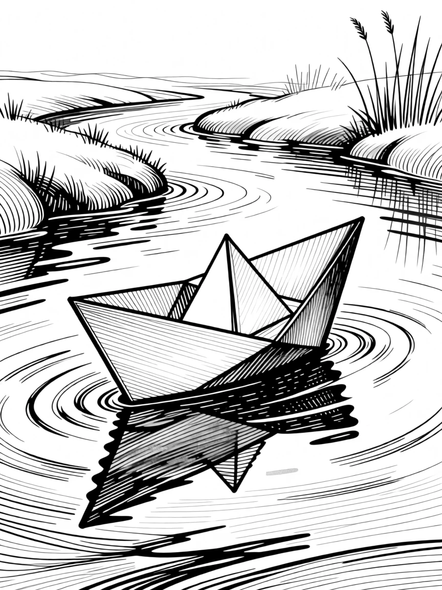 A single paper boat floating gently down a quiet stream.