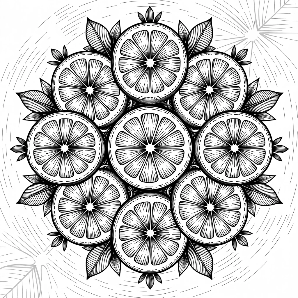 A circular arrangement of citrus slices and leaves set against a softly textured background, with a subtle repetition of shapes throughout, forming a quietly mesmerizing decorative composition.