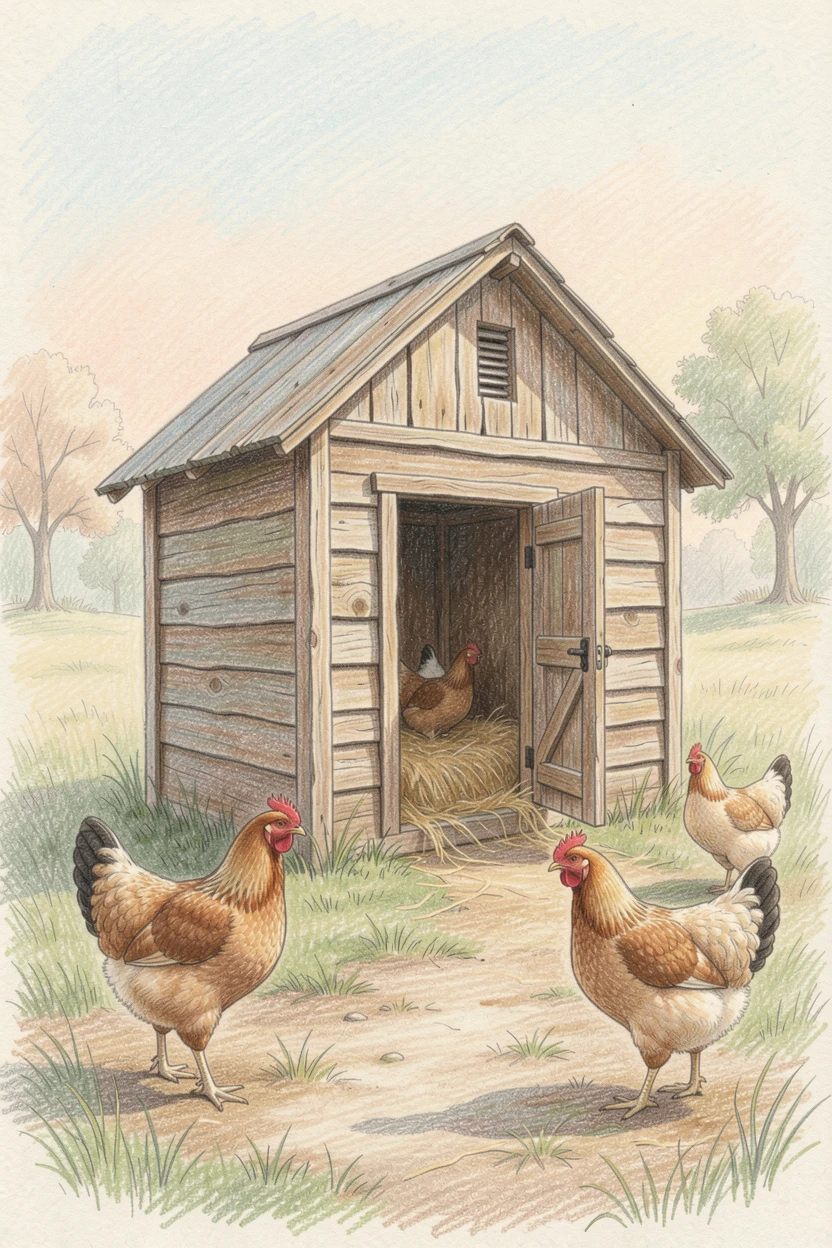 A rustic countryside chicken coop with hens in the morning light, set against a softly lit, atmospheric backdrop, perfect for anyone drawn to gentle, heartfelt imagery.