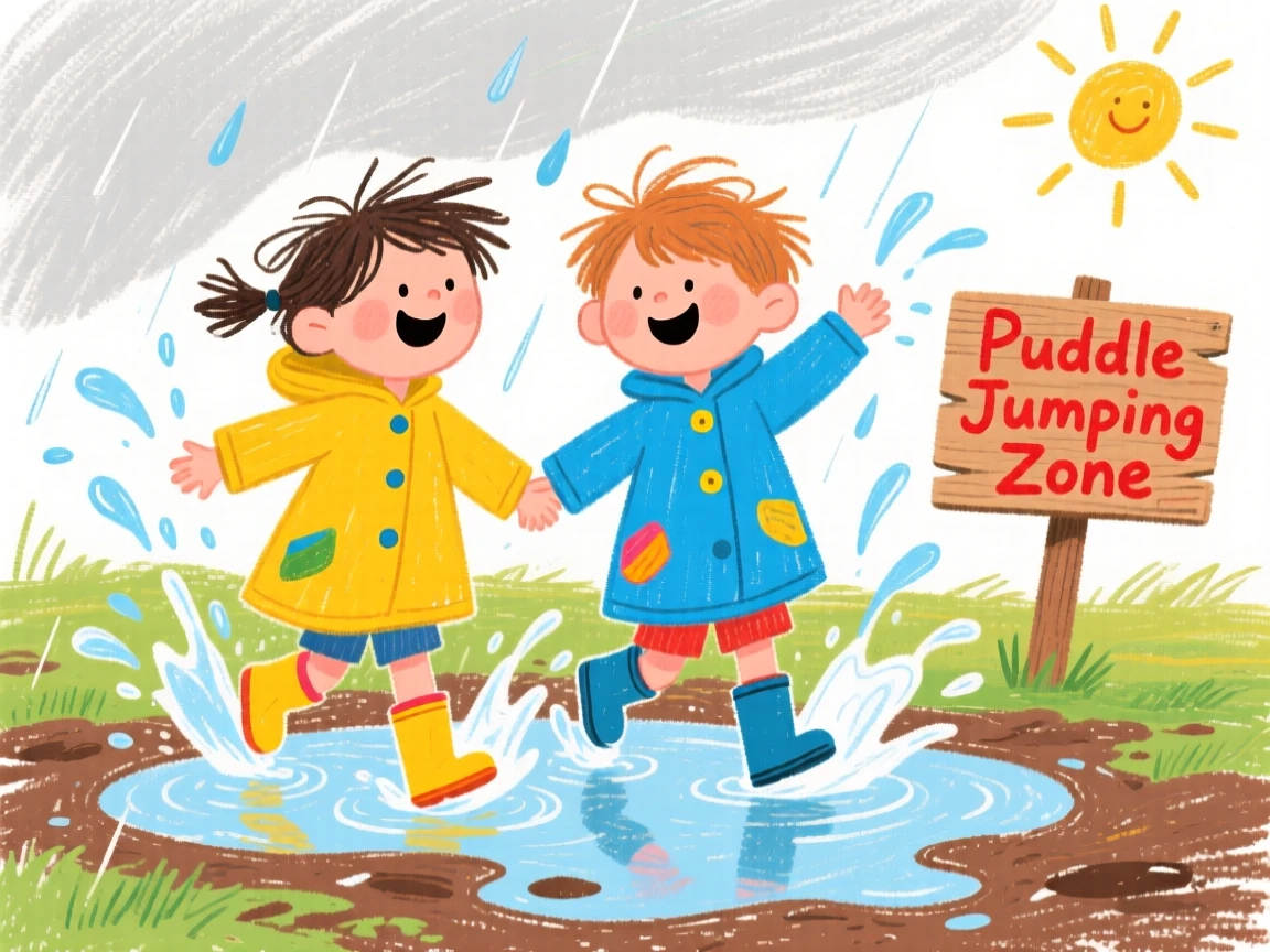 Two best friends splashing through puddles after a summer rain.